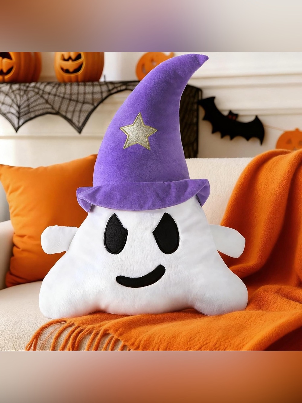 Plush Halloween Ghost Costume Pillow with Purple Witch Hat Accent Pillow NIP